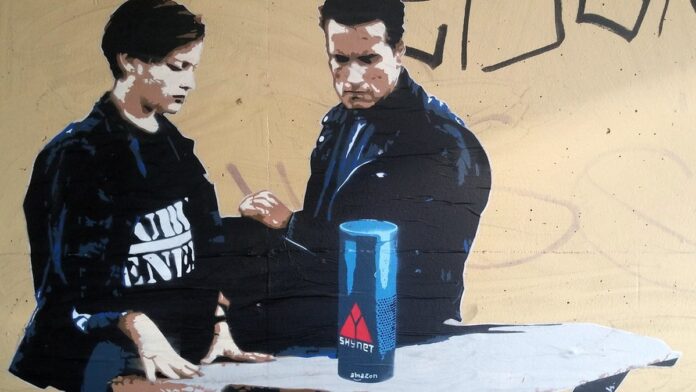 Alto-falante inteligente Alexa sobre uma mesa, com luz azul ativa, em uma sala com iluminação suave e temática.