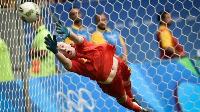 Coiote caminha atento por uma rua residencial pavimentada durante o dia, em área urbana com casas ao fundo.
