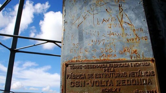 Fachada de um complexo industrial da CSN com galpões, chaminés e silos sob céu claro.