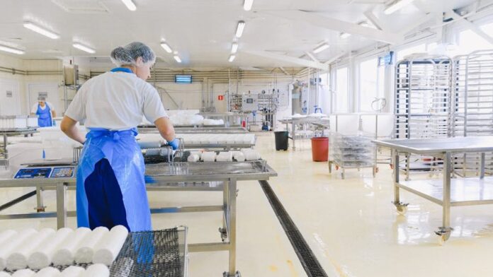 Interior de uma fábrica de laticínios automatizada com tanques de aço inox e esteiras transportadoras em operação.