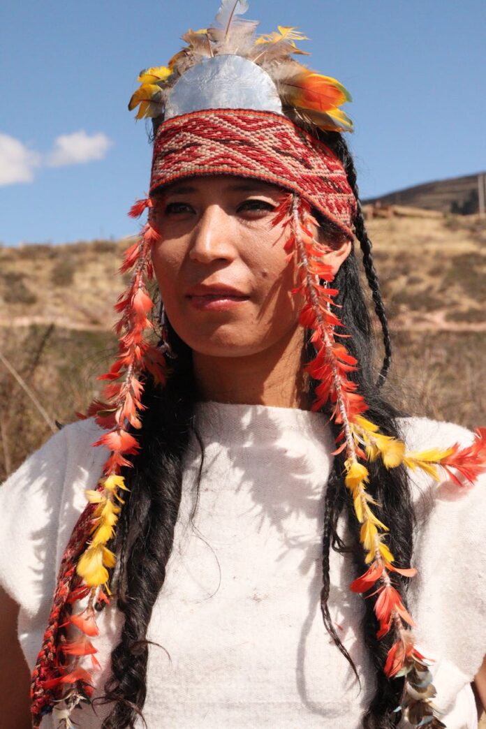Uma pessoa vestindo trajes tradicionais com adornos de penas, ao ar livre sob um céu ensolarado.