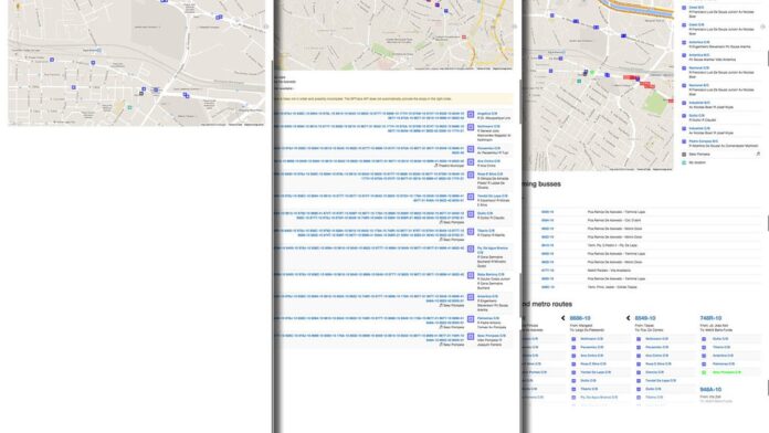 Ônibus circular estacionado em ponto urbano com passageiros aguardando na calçada em dia ensolarado.