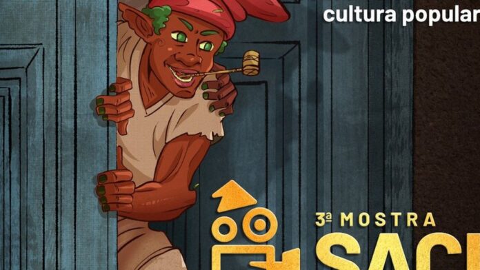 Ilustração colorida de um Saci-Pererê estilizado com seu gorro vermelho, cercado por elementos da cultura brasileira.