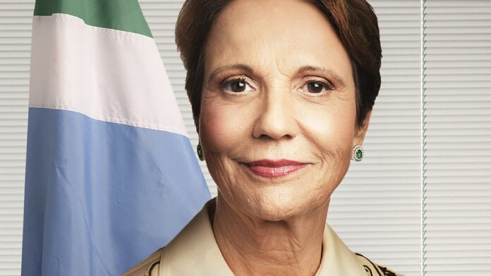 Tereza Cristina discursa em auditório, gesticulando, com público ao fundo e bandeira do Brasil desfocada.