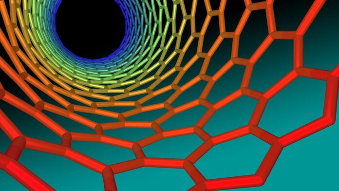Representação digital 3D de uma estrutura cilíndrica de nanotubos de carbono em tons de azul, simbolizando tecnologia.
