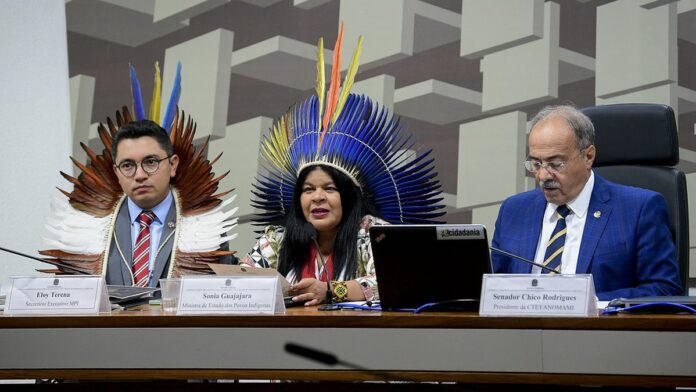 Sônia Guajajara de perfil, usando cocar e vestimentas tradicionais, em entrevista.