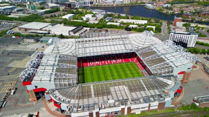 Stunning aerial shot of Old Trafford stadium in Manchester, showcasing its iconic architecture.