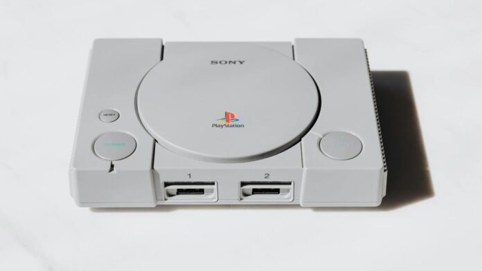 A classic Sony PlayStation console captured on a white background exuding retro gaming nostalgia.