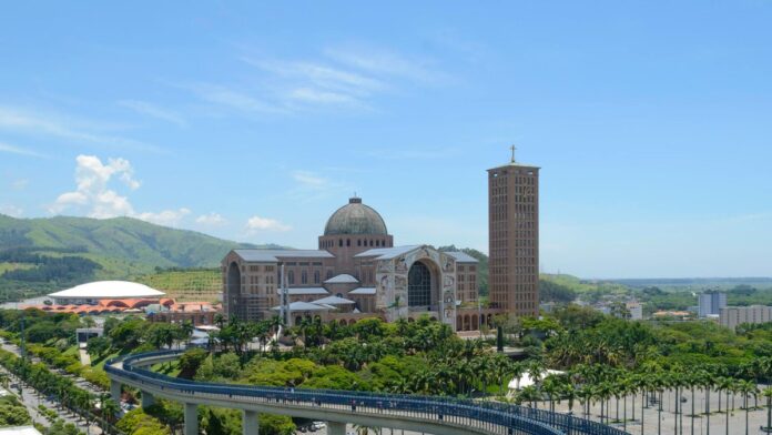 Stunning aerial view of the Basilica of Our Lady of Aparecida, a prominent Catholic landmark in Brazil.