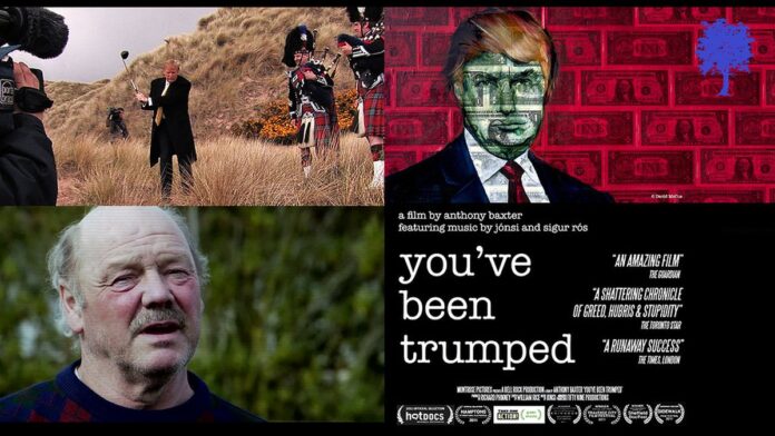 Donald Trump gesticula em um púlpito, com plataformas de petróleo ao fundo e silhuetas de animais marinhos sobrepostas.