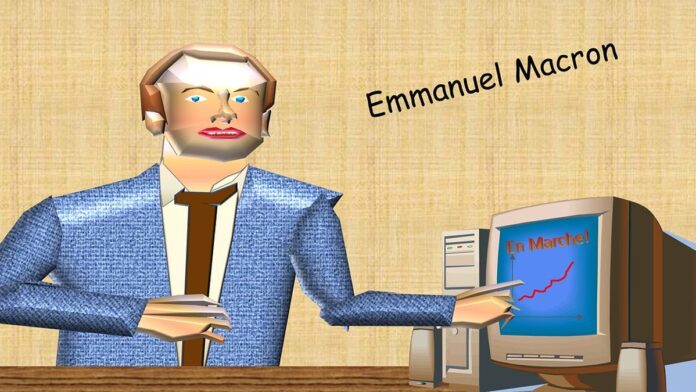 Emmanuel Macron gesticula durante discurso em um pódio, com bandeiras da França e da União Europeia ao fundo.