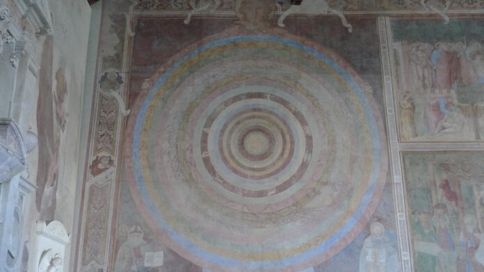 Ilustração artística com fundo azul noturno contendo ícones dourados dos doze signos do zodíaco dispostos em círculo.