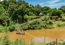Resort no Maasai Mara é mantido após tribunal do Quênia rejeitar ação ambiental Vista aérea de um resort de luxo com tendas em meio à savana do Maasai Mara, no Quênia.