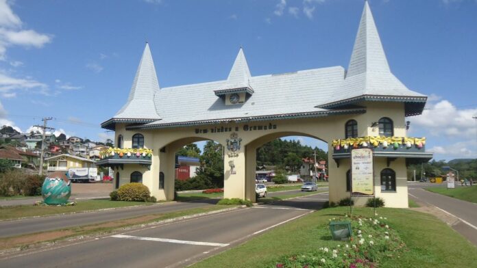Picturesque entrance arch in Gramado, Brazil on a sunny day.
