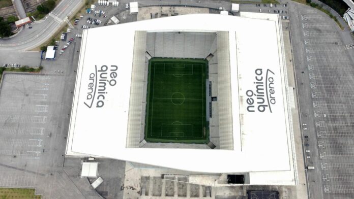 s4-156508c5659b-13 Drone shot capturing the iconic Neo Química Arena stadium in São Paulo, Brazil.
