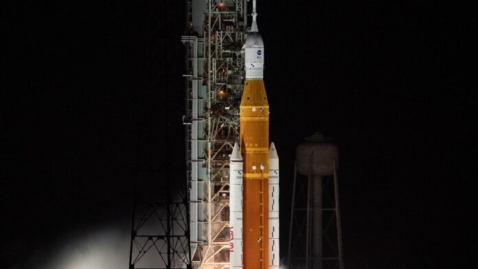 NASA’s Space Launch System rocket carrying the Orion spacecraft launches on the Artemis I flight test, Wednesday, Nov. 16, 20