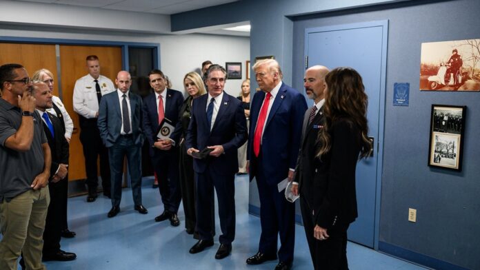 President Donald Trump, joined by Secretary of the Interior Doug Burgum, Attorney General Pam Bondi, and Secretary of Homelan