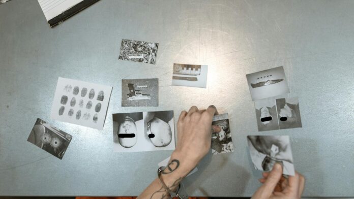 A handcuffed person examines evidence photos on a table, indicating a crime investigation scene indoors.