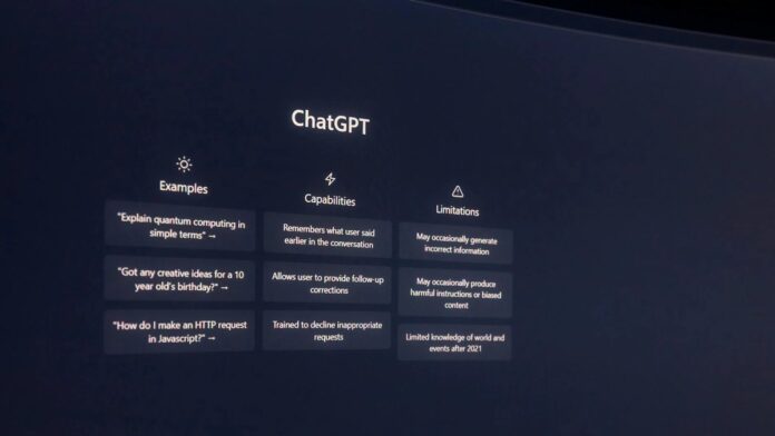 Screen displaying ChatGPT examples, capabilities, and limitations.