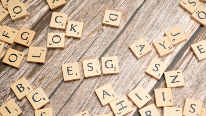 Wooden letter tiles spell ESG on a rustic wooden surface, emphasizing sustainability.
