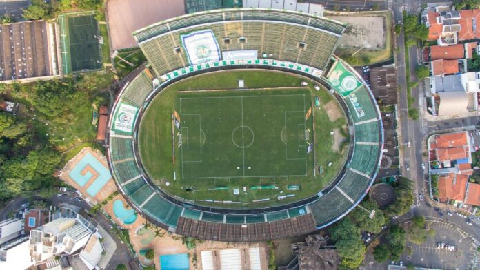 Stunning aerial view of the iconic Estádio Brinco de Ouro in Campinas, Brazil, showcasing its lush football field.