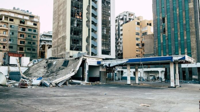 A striking image depicting the aftermath of destruction in Beirut, Lebanon's urban landscape.