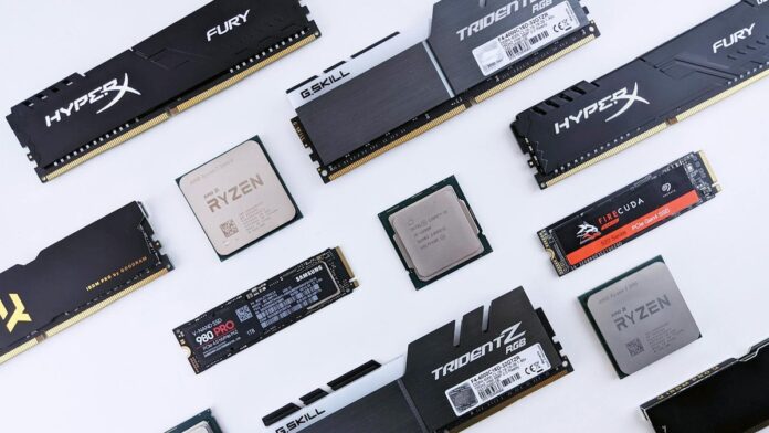 High-quality image of various computer components, including RAM and CPUs, on a white background.