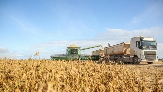 A combine harvester transfers soybeans to a truck during harvest on a sunny day in Paragominas, Brazil.