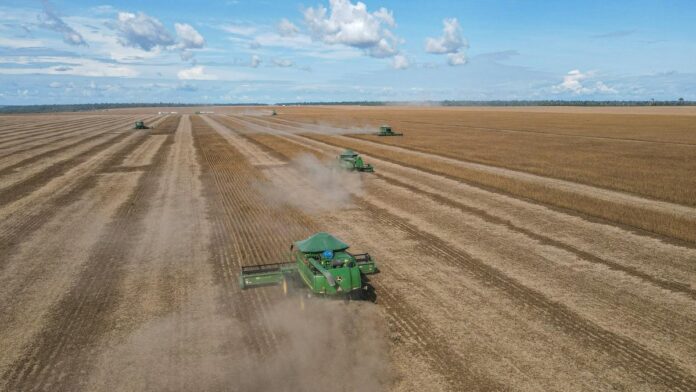 s4-5f9c51399728-14 Soybean harvesters in action on a vast farm in Paragominas, Brazil, showcasing agricultural machinery.