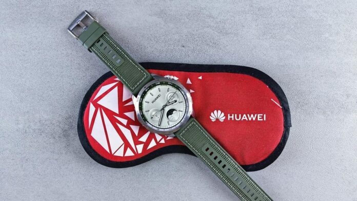 s4-7026bb58d7dd-6 Top view of a Huawei smartwatch with green straps displayed on a red protective case. Perfect for tech enthusiasts.