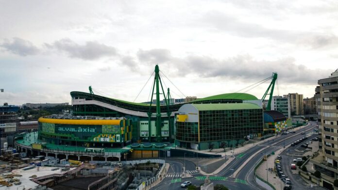 Aerial shot of Estádio José Alvalade in Lisbon with cloudy skies.
