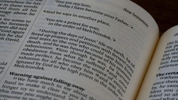 Detailed close-up of a Bible page from the New Testament highlighting scripture and themes of Christianity.