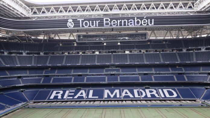 Discover the iconic Santiago Bernabéu Stadium, home of Real Madrid, in this panoramic shot.