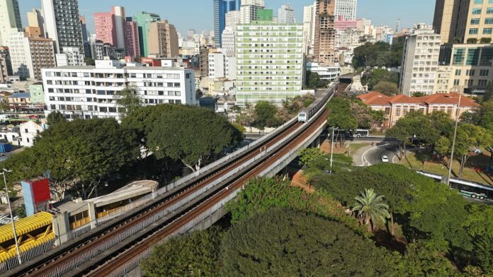 Aerial view of São Paulo cityscape with metro line and greenery during daytime.