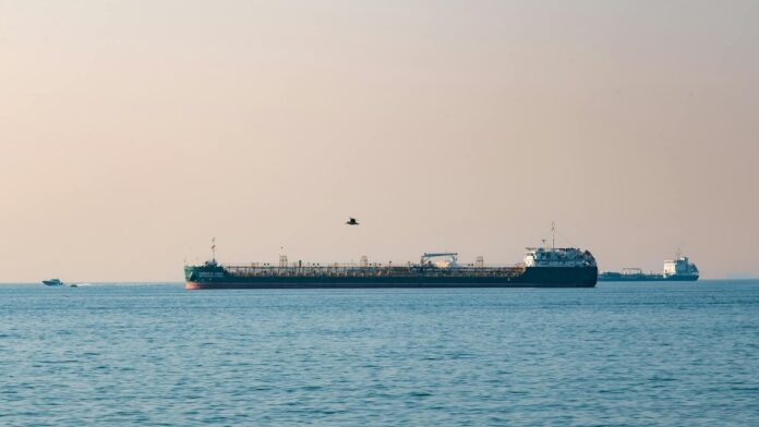 Cargo ships navigating a calm ocean under a pale sky, perfect for maritime industry use.