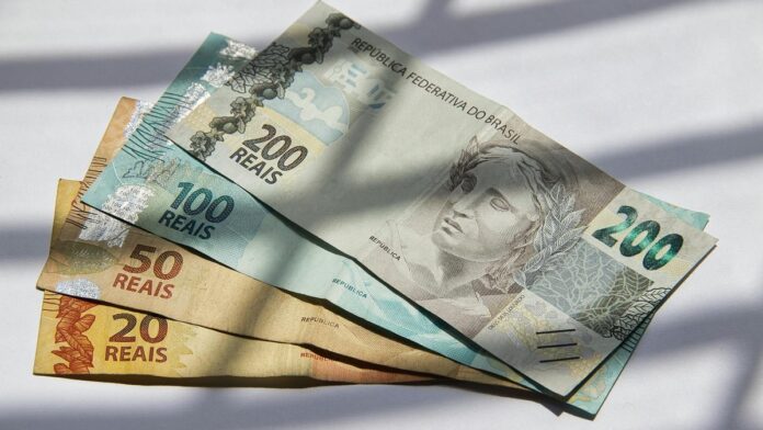 Various Brazilian real banknotes in sunlight, showcasing currency variety.