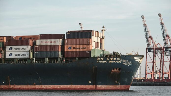 Cargo ship with containers and cranes in Hamburg port.