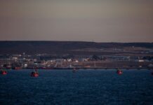 Bacalhau do Reino Unido sofre declínio crítico e agência pede boicote ao peixe Distant view of fishing boats in a harbor at sunset with an industrial backdrop.