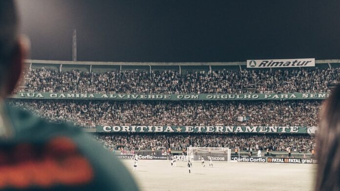 Crowd cheering at football stadium.