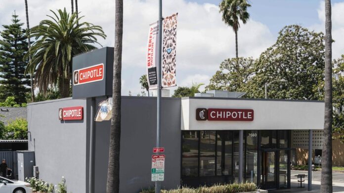 View of Chipotle Mexican Grill on a sunny day in Los Angeles, California.