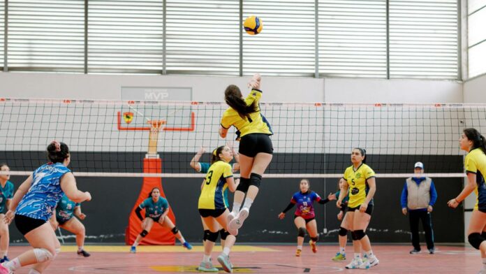 Dynamic shot of a volleyball player jumping for a spike in an indoor game. Vibrant team uniforms add energy.