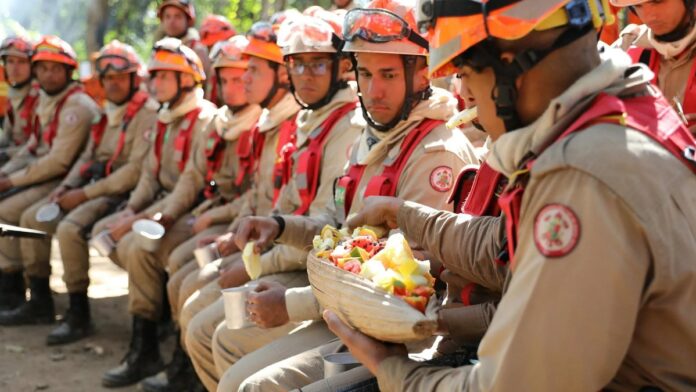 Firefighters from Mato Grosso take a meal break during outdoor training exercises.