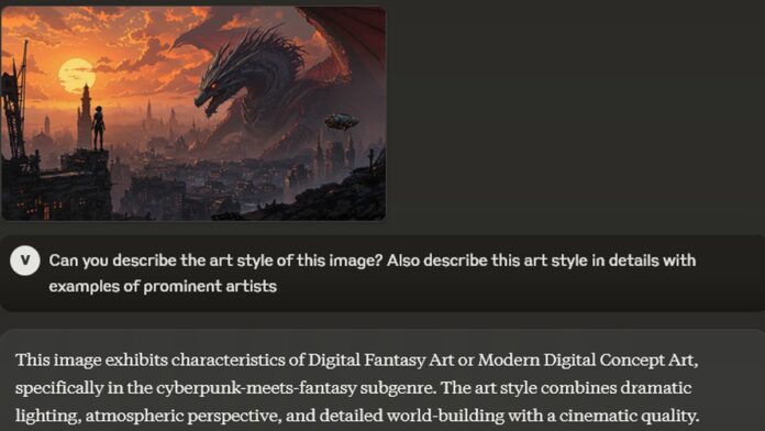 s4-c4cb7a9cd28e-6 Screenshot of Claude 3.5 Sonnet output describing art style of an uploaded image