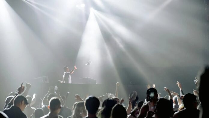 DJ performing in a lively nightclub with a crowd enjoying the vibrant atmosphere.