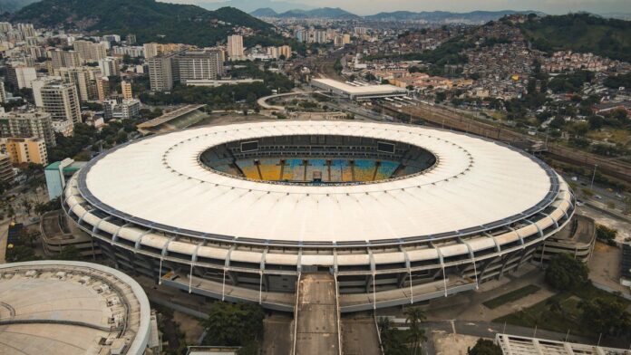 A breathtaking aerial view of Maracanã Stadium in Rio de Janeiro, showcasing its iconic circular structure.