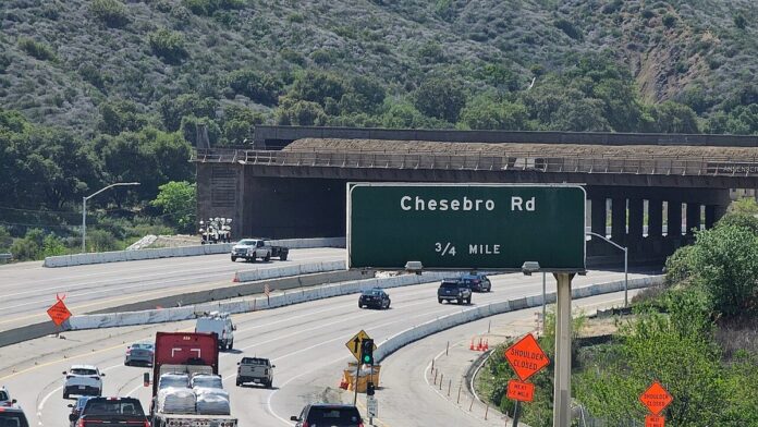 Westward view on US 101 in Agoura Hills towards the Annenberg Wildlife Crossing in April, 2025.