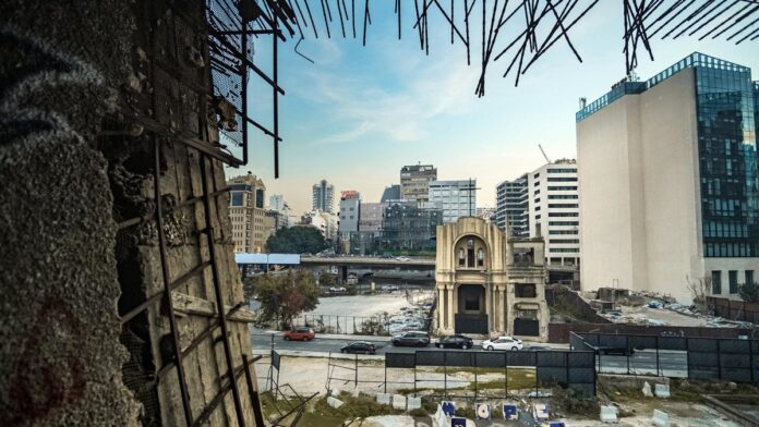 View of old downtown Beirut with damaged structures, highlighting urban decay.