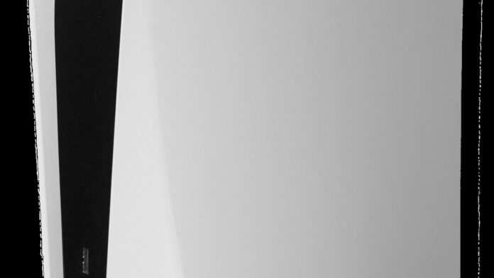 A picture of the black and white ps5 on a stand with a controller resting by its side. Thanks to Lemonix for artistic directi